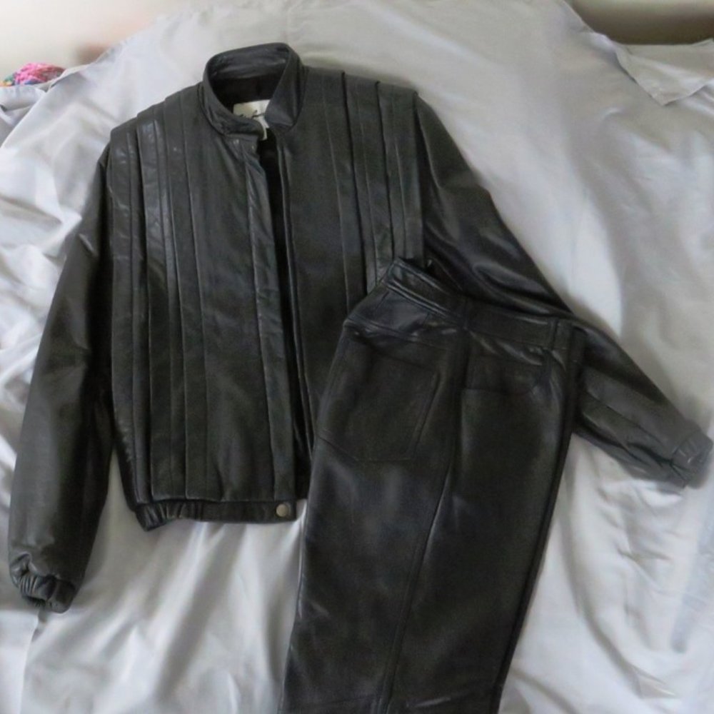 Vintage 80s Women's Black Leather Jacket and Pants Set - Size 10